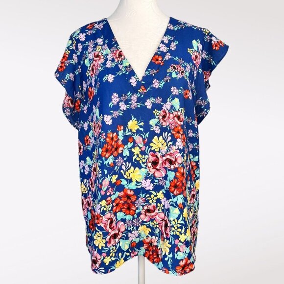 Label Rachel Rachel Roy Floral Print V-Neck Blouse Flutter Sleeve Large - Picture 1 of 8